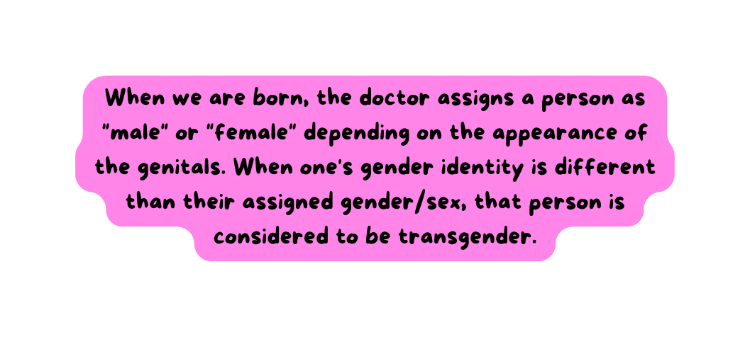When we are born the doctor assigns a person as male or female depending on the appearance of the genitals When one s gender identity is different than their assigned gender sex that person is considered to be transgender